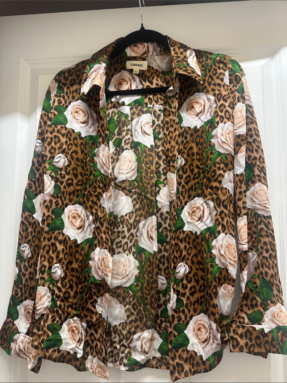 L'AGENCE Size S Leopard & Cream Rose Button-Down Shirt
